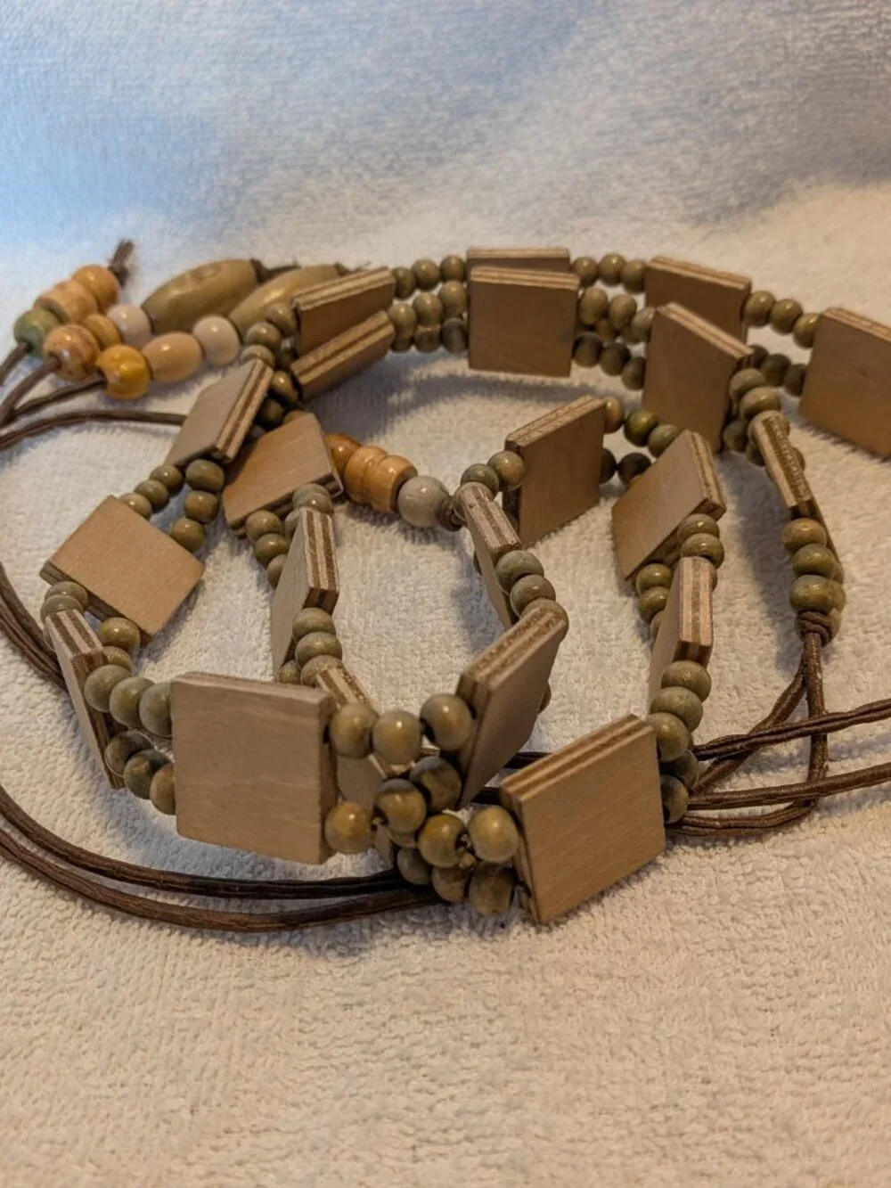 Wood and Bead Tie Belt Green Brown Wooden Beads Accent